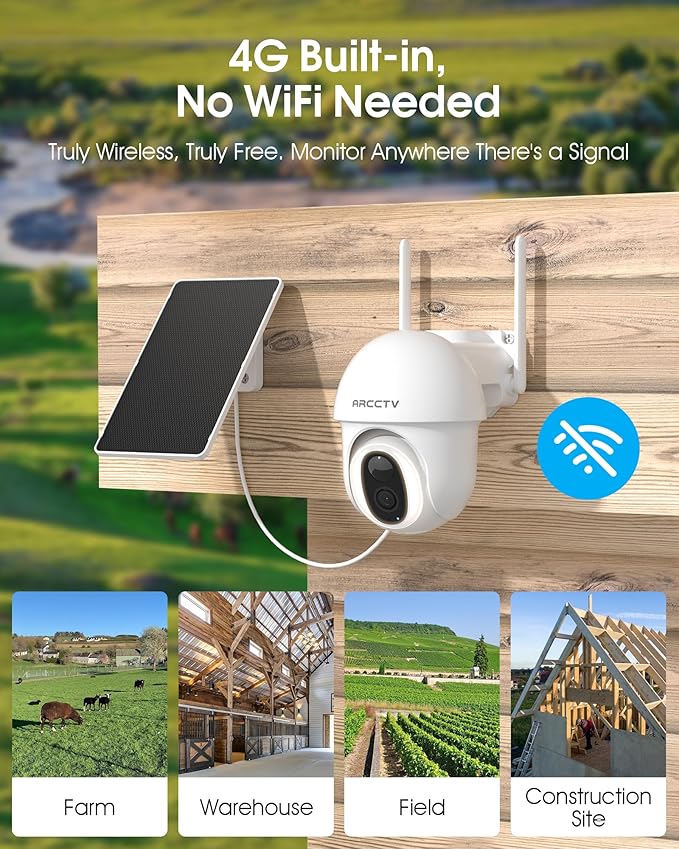 ARCCTV 4G LTE Cellular Security Camera Outdoor, Wireless Solar Powered, no WiFi, SIM Card Included, 4MP Color Night Vision, 360° Pan-Tilt, Local/Cloud Storage