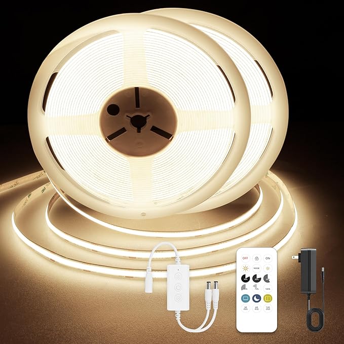 COB LED Strip Lights, Dotless LED Lights with Remote& App, 49.2ft Warm White 3000K Super Bright Dimmable 24V Flexible LED Tape Light,Kitchen Cabinet,Office,Stairs,Shelf Indoor Lighting.