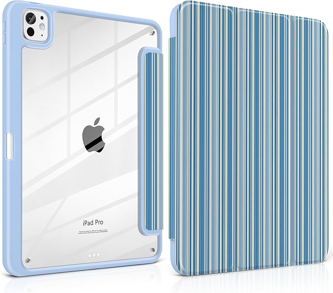TWOLSKOO Case for iPad Pro 11-inch (M5 2025 / M4 2024), Clear Acrylic Back with TPU Bumper, Pencil Holder, Trifold Stand, Auto Sleep/Wake, Blue Stripes
