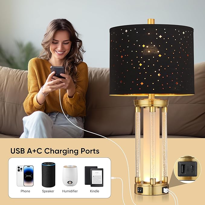 QiMH Gold Table Lamps Set of 2 with USB A+C Ports, Morden Bedside Lamps with Night Light, Unique Star Hallow Black Shade Lamp for Night Stands, Lamps for Bedroom, Office and End Tables(Bulb Included)