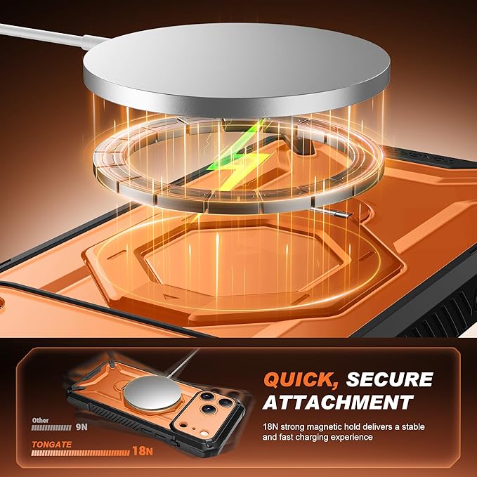 TONGATE for iPhone 17 Pro Case with 360° Spin Magnetic Stand, [Compatible with MagSafe][Military-Grade Protection] with Privacy Screen Protector & Camera Control Cover for 17 Pro, Clear Orange