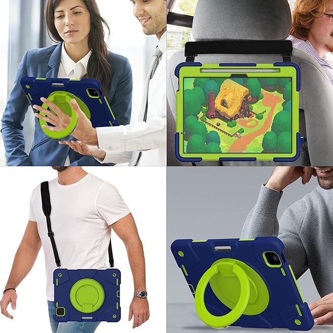 Andnary Case for iPad Air 11 inch Case M4/M3/M2 (2026/2025/2024), Heavy Duty Shockproof Cover with Screen Protector, 360° Rotating Stand, Pencil Holder, Shoulder Strap (Navy+Green)