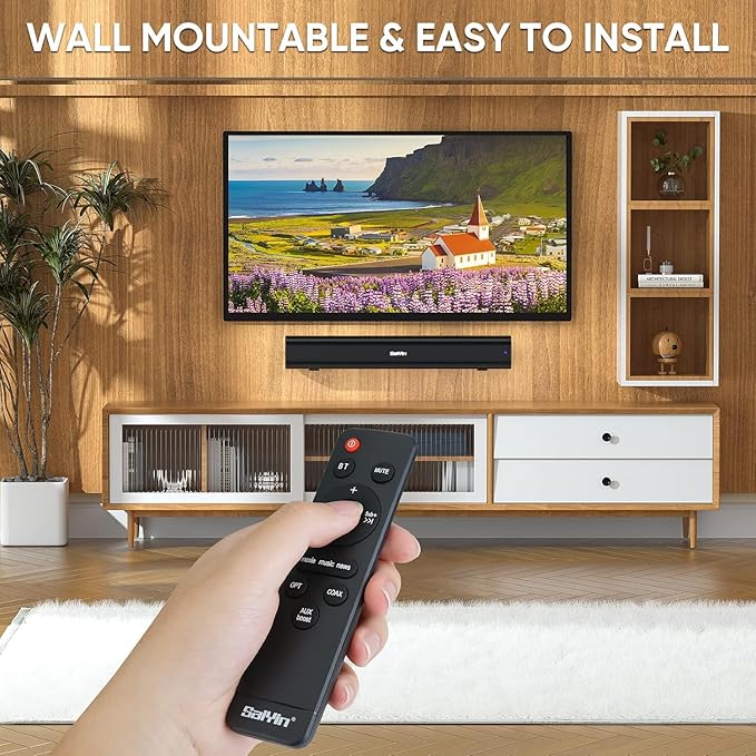 Saiyin Sound Bar,17 inch Sound Bar for Smart TV with Bluetooth 5.3/Optical/AUX Connection, Soundbar for TV/PC/Gaming/Projectors,Wall Mountable & Ultra Compact Design