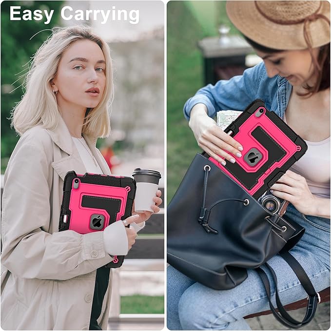 Kids Friendly Case for iPad Air 11 Inch M4 M3 M2 2026/2025/2024 Case with Pencil Holder & Shoulder Strap, Military Grade Shockproof Kickstand Hard Shell Protective Cover,Black+Rose