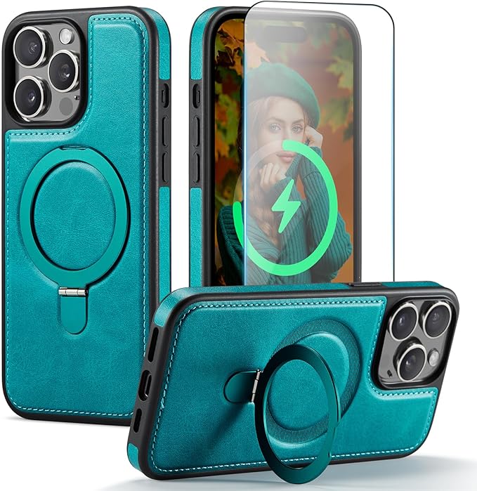 Compatible with iPhone 15 Pro Case with Stand, Compatible with MagSafe, Slim PU Leather & Durable TPU Protective Cover Drop-Proof with Tempered Glass Screen Protector 6.1", Green
