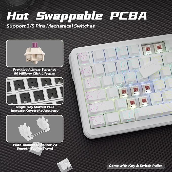 ATTACK SHARK X85Pro Wireless Mechanical Gaming Keyboard with TFT Screen & Knob Hot-Swappable BT5.1/2.4Ghz/USB-C RGB Backlit Gasket Mount Gradient Side-Print PBT Keycaps for Win/PC/MAC-White Contour