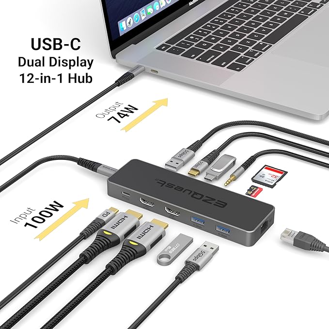 USB-C Hub 12-in-1: Dual 4K 60Hz HDMI, 100W PD, Gigabit Ethernet, 5X USB Ports (2X USB-C, 3X USB-A 5Gbps), SD/MicroSD, Audio Jack - Docking Station for Windows, MacBook Pro/Air, Chromebook