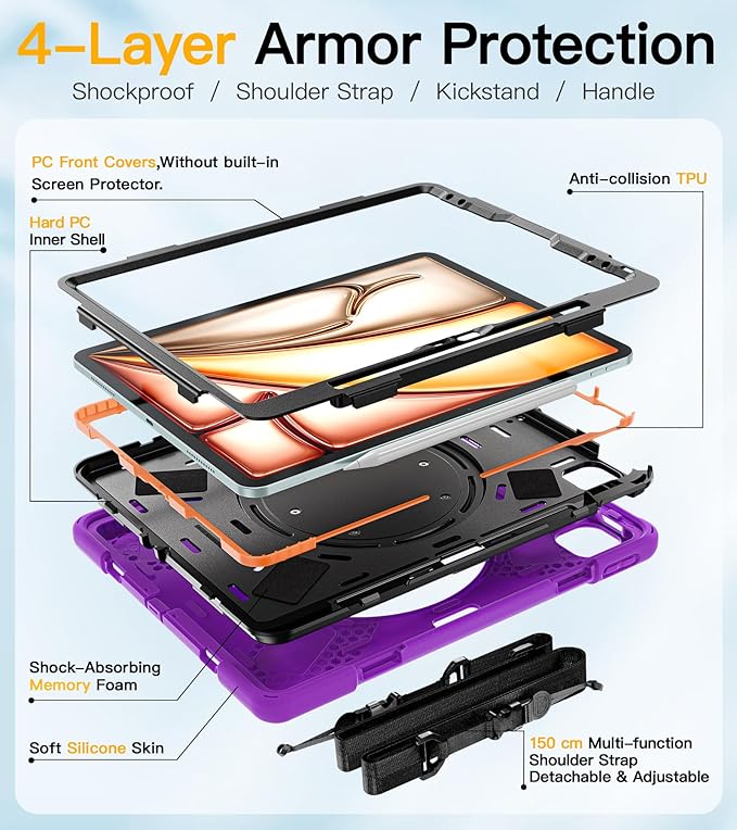 BRAECN Case for iPad Air 13 Inch M4 2026/M3 2025/M2 2024 & iPad Pro 12.9 6th/5th/4th/3rd Gen: Military Grade Silicone Protective Cover with Pencil Holder, Kickstand, Handle, Shoulder Strap, Purple