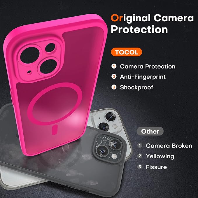TOCOL for Phone 15 Case, Compatible with Magsafe Charger, Full Camera Protection, Drop Protection, Translucent Matte Phone Case for iPhone 15 6.1 inch (Hot Pink)