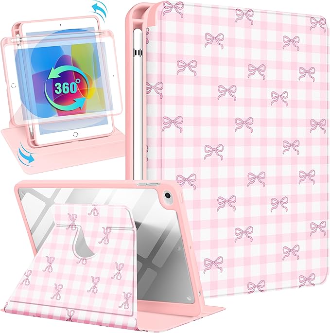 Uppuppy for iPad mini 4 Case for iPad mini 5th Generation Case - 360 Rotating Stand Folio Smart Cover with Pencil Holder for Women Girls, Pink Bow Checkered for Apple Tablet Mini 7.9 inch 2019/2015