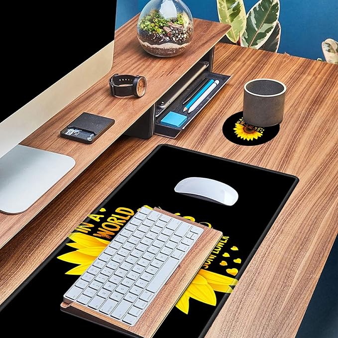 Desk Pad Mat Large Mouse Pad XL Extended Mousepad Gaming with Sunflower Black 31.5" *11.8" Huge Mouse Pads for Computer Laptop Home Office + Cup Coaster