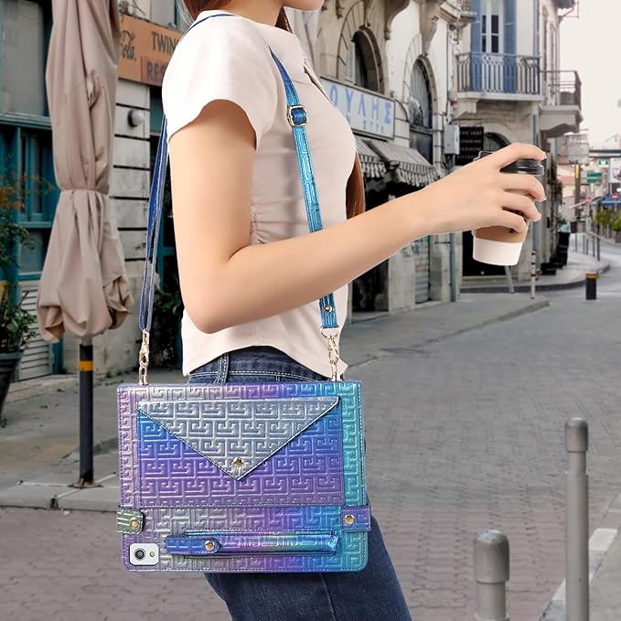 Shiny Case for iPad 6th/5th Gen 9.7 Inch (2018/2017), iPad Pro 9.7"/Air 2, Techcircle Crossbody Iridescent Folio Stand Multi-Pocket Wallet Case with Pencil Holder+Hand/Shoulder Strap, Shiny Indigo