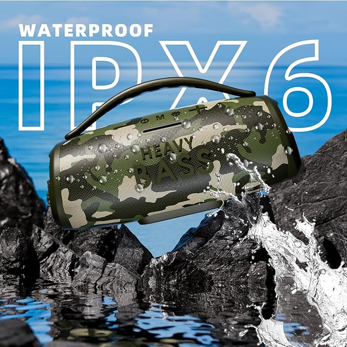 HEAVY BASS Speakers Bluetooth Wireless, 80W Max Loud Portable Speaker with Bass, 20H Playtime, IPX6 Waterproof, Dual Pairing, Gift Ideal for Adults Men Women Teen Boys Girls (Camo, Large)