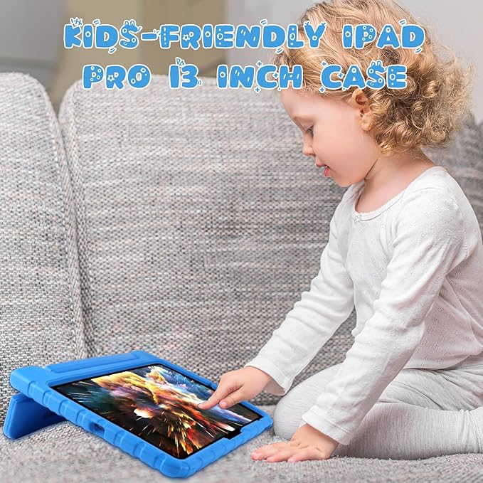 for iPad Pro 13 inch Case 2024, Shockproof Kids iPad 13 Pro Case, Protective Cover for iPad Pro 13 M4 with Pencil Holder, Anti-Slip Handle Stand, Blue
