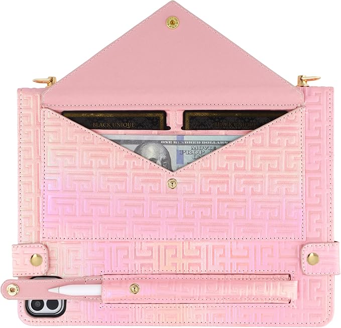 Shiny Case for iPad Pro 13" M5 M4 (2025/2024) Handbag Case, Techcircle Iridescent PU Leather Folio Envelope Pocket Stand Cover with Hand Strap+Shoulder Strap+Pencil Holder+Card Slots, Shiny Pink