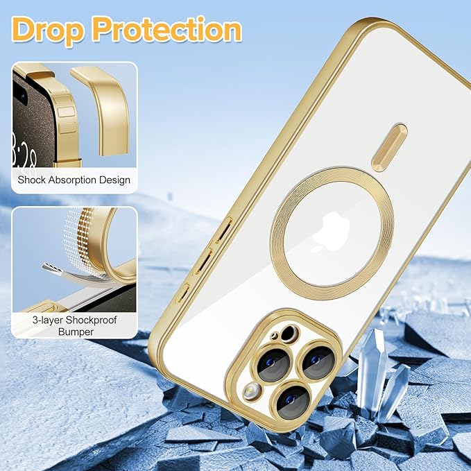 Hython Magnetic Clear for iPhone 15 Pro Case with Camera Lens Protector [Compatible with MagSafe] Luxury Plating Edge Slim Soft TPU Cover Protective Phone Case for iPhone 15 Pro 6.1", Matte Gold