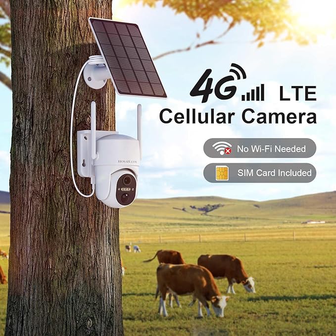 HOSAFE.COM 4G LTE Cellular Security Camera Wireless Solar Powered, No WiFi Security Camera Outdoor, 2K PTZ 360°, IP66 Waterproof for Farm Barn Jobsite Off-Grid, Free Cloud Storage (Need Apply)
