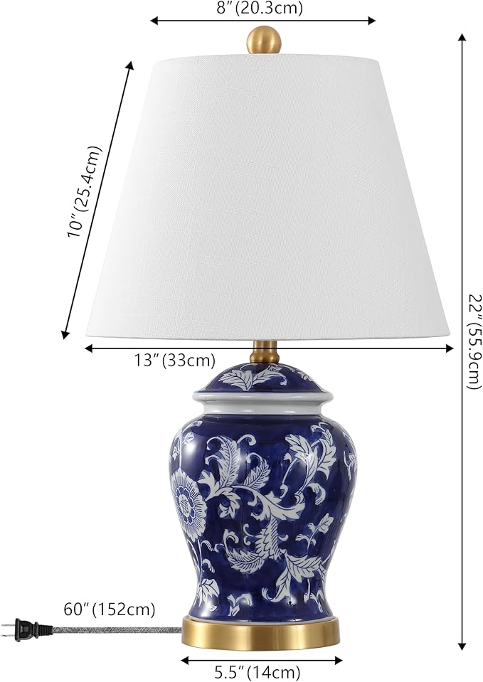 JONATHAN Y 22" Navy/White Ceramic Table Lamp, French Country Chinoiserie Ginger Jar LED Bedside Lamp for Living Room Bedroom, White Linen Shade (JYL3005D)