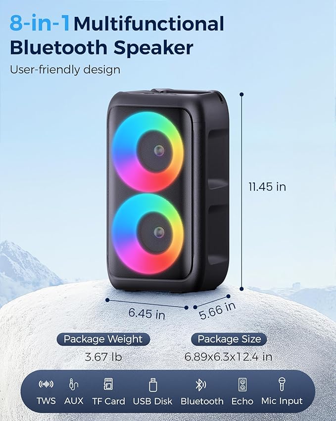 Bluetooth Speaker，Portable Party Speaker with Colorful Lights，Wireless Speaker with HD Loud,Home Theater Systems Support TWS/AUX/USB/TF Card Ideal for Party,Home,Outdoor Camping