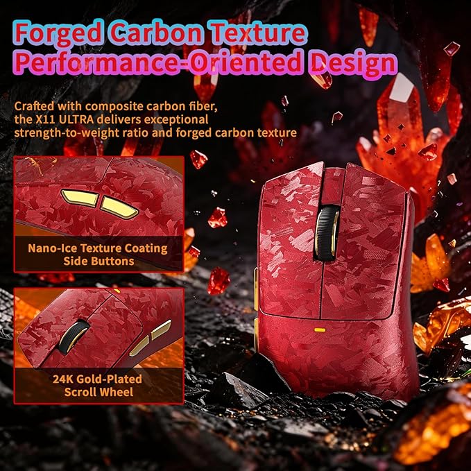 ATTACK SHARK X11 Ultra 8K Carbon Fiber Wireless Gaming Mouse,Nordic 54L15 MCU,PAW3950MAX Sensor,59g Superlight,42000 DPI,BT/2.4Ghz/Wired Mouse with 100 Million Clicks,Programmable for Pc/Mac,Red