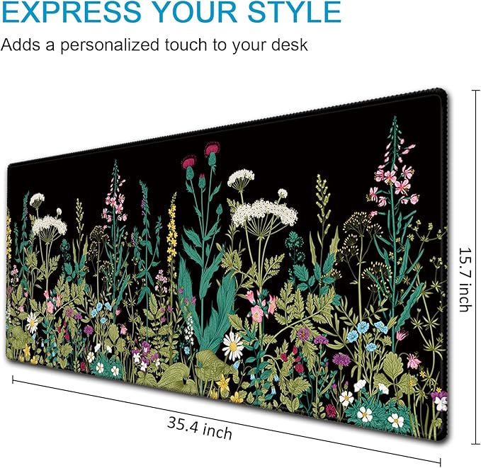 XXL Waterproof Office Desk Pad Protector 35.4x15.7 Inch - Extended Gaming Mouse Pad with Non-Slip Rubber Base, Thickened Keyboard Mat, Stitched Edges & Weeds Design