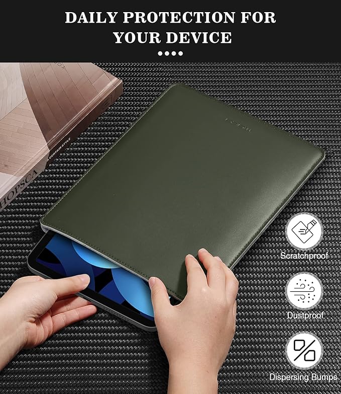 MoKo 9-11 Inch Tablet Sleeve, PU Leather Briefcase Slim Stylish Case Fits New 11-inch iPad Air M4 2026/iPad Pro M5, Air 5/4th 10.9, 10th Gen 10.9, 9/8. Gen 10.2, Tab S8/S9 11, Midnight Green
