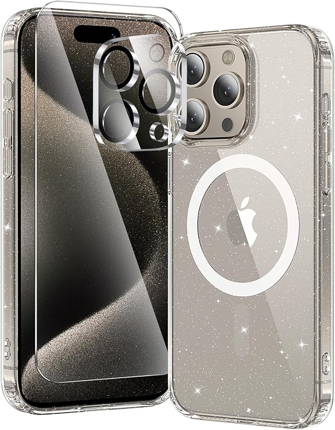 toushion 3 in 1 for iPhone 15 Pro Max Case Clear with MagSafe, Not Yellowing, Screen Protector*1 Camera Lens Protector*1,Protection for iPhone 15 Pro Max Phone Case 6.7 inch Clear Glitter