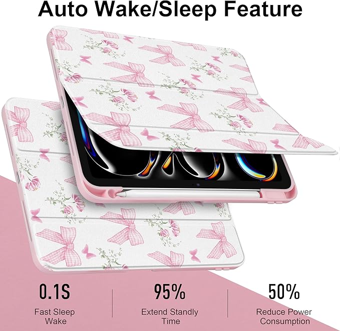 TWOLSKOO Case for iPad Pro 11-inch (M5 2025 / M4 2024), Clear Acrylic Back with TPU Bumper, Pencil Holder, Trifold Stand, Auto Sleep/Wake, Pink Gingham Bows
