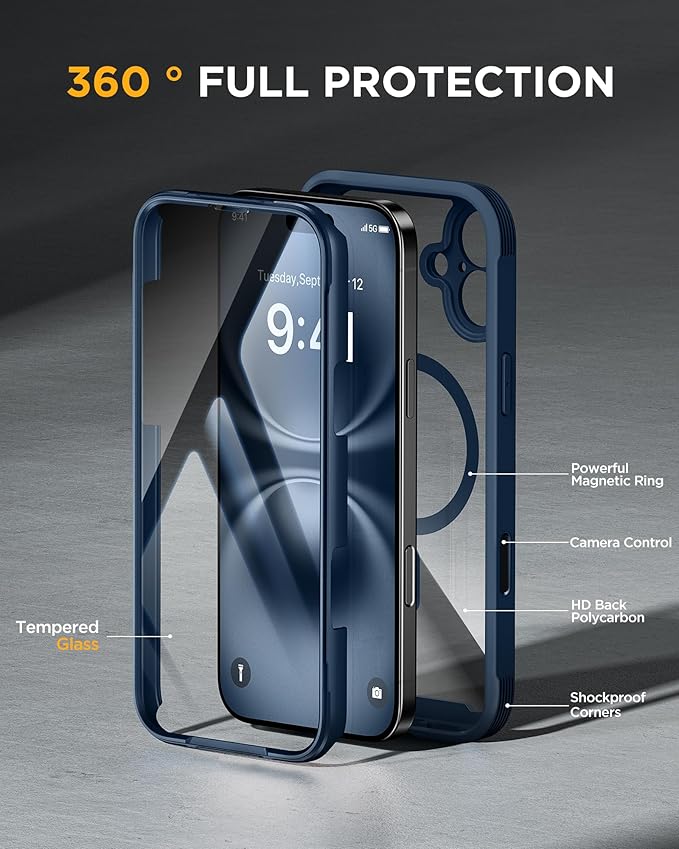Miracase for iPhone 16 Case 6.1'', Full-Body Protective Phone case with Built-in Full Glass Screen &Camera Control,Easy Installation,No Gap,Compatible with MagSafe,SGS Drop Proof 16 Cover,Storm Blue