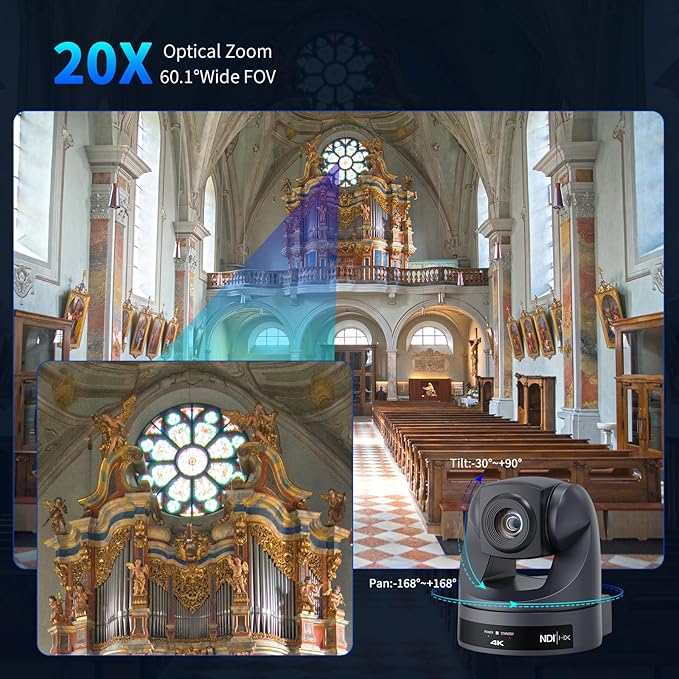 4K NDI PTZ Camera 20X, HDMI USB LAN Outputs Video Conference Camera Webcam for Church Worship/Events Services/Education,Works with Zoom,Skype,OBS
