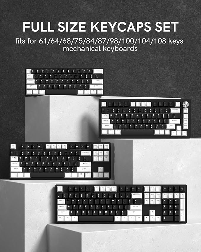 Womier Double Shot PBT Keycaps Set 138 Keys, Cherry Profile Custom Keycaps 60 65 75 100 Percent for 61/64/68/84/87/100/104/108 Retro Gaming Mechanical Keyboard, Black White