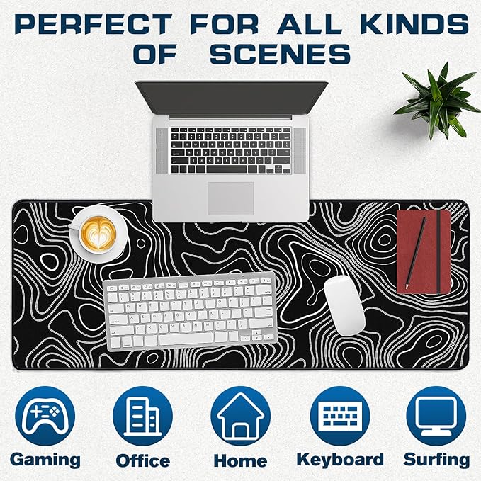 Mouse Pad Gaming - Desk Mat for Keyboard and Mouse - Large Mouse Pads for Desk, Black Topographic Gaming Mousepad with Non-Slip Base, Desks Pad (31.5" X 11.8") for Game, Office and Home