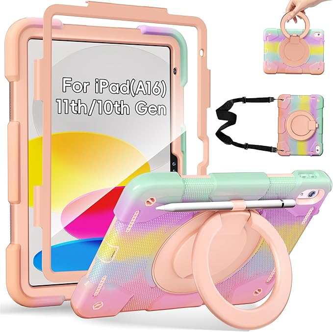 Andnary Case for iPad (A16) 11th Generation 11 inch 2025/10th Generation 10.9 inch 2022, Shockproof Cover with Screen Protector/360° Rotate Handle/Bracket/Pen Holder/Shoulder Strap (Colorful Pink)