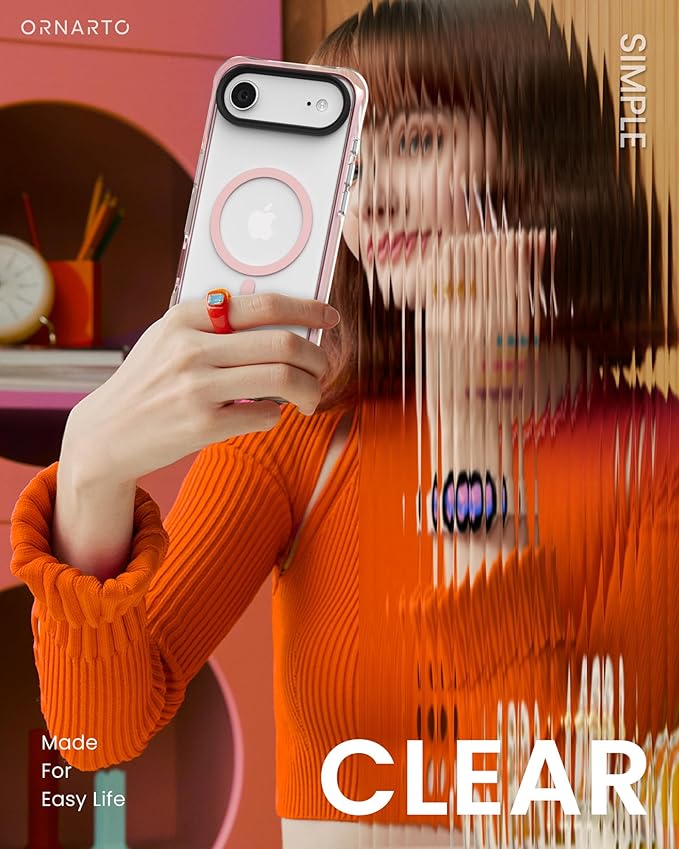 ORNARTO Air Case for iPhone Air Clear | Military-Grade Drop Protection | Camera Control Button | Compatible with MagSafe | Built-in Air Phone Cover - Pink