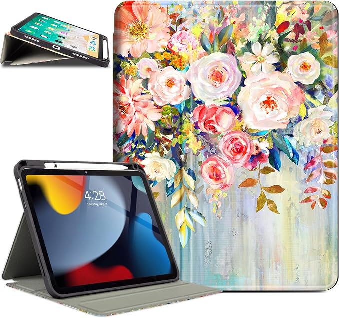 for iPad (A16) 11Th/10Th Generation Case 2025/2022, for iPad A16 Case 11Th/10Th Generation, Slim Cover Pencil Holder & 4 Viewing Angles & Typing Stand, Art Oil Painting Flower Floral