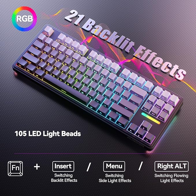 AUSDOM H87 Wireless Mechanical Keyboard, 10000mAh Battery Gasket Hot Swappable Custom Keyboard with RGB Backlit, Side Printed PBT Keycaps, Tri-Mode BT5.3/2.4GHz/USB-C Gaming Keyboards, Black Grey
