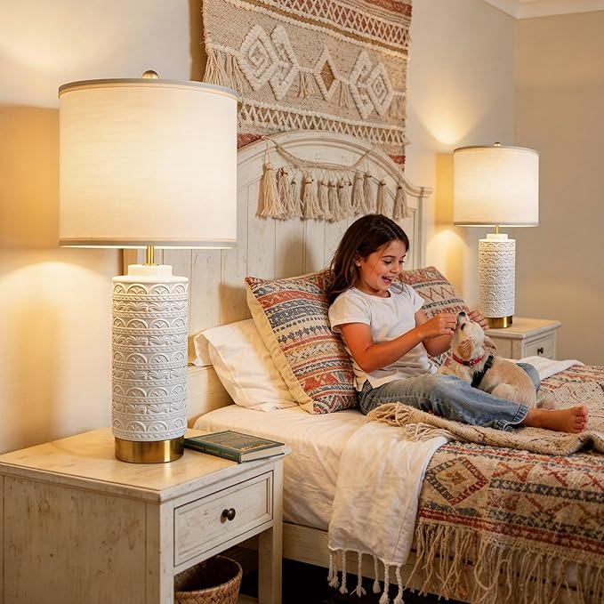 25" H Ceramic Bedside Lamp Set of 2, Boho Nightstand Lamps with Dual USB Ports (A+C), Perfect for Bedroom, Entryway, Hallway and Home Decor