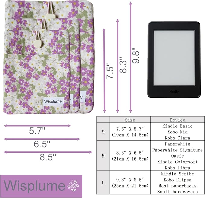 Padded eReader Sleeve Tablet Bag Pouch for Paperwhite, Colorsoft,Signature Edition, Voyage,Scribe/Kobo eReader,Floral Book Protector for Paperbacks and Small Hardcovers (Purple, Large)