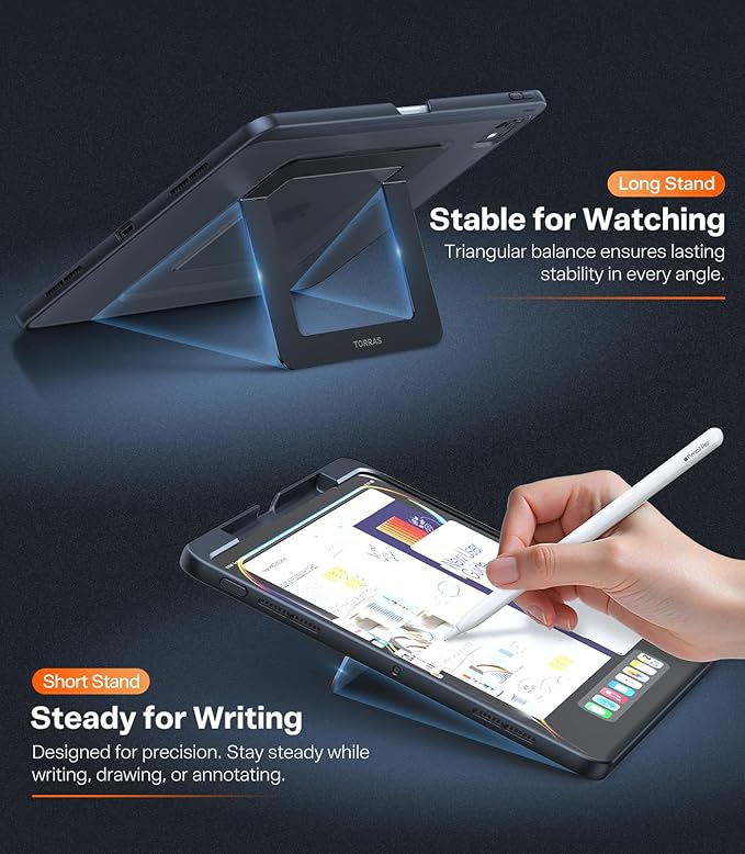 TORRAS Ostand K1 Guardian for iPad Pro 11 inch Case M5 2025 & 2024 M4, Ultra Stable Stand, Multiple Adjustable Viewing Angles, Slim Protective Kickstand iPad Pro 11 Case with Pencil Holder, Black