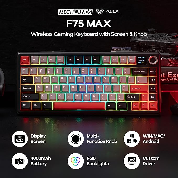 MechLands Aula F75 MAX Wireless Gaming Keyboard with Screen & Knob, 75% Hot Swappable Mechanical Keyboard with Creamy Gasket, RGB Backlits, NKRO for Win/Mac/Linux (Black Red)