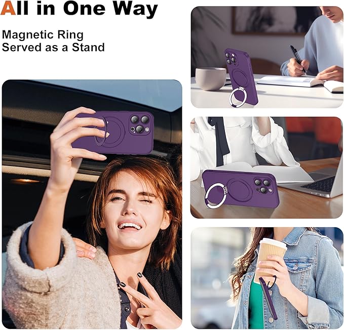 Compatible with iPhone 14 Pro Max Case with Magnetic Ring Stand [Compatible with Mag-Safe] [Full Camera Lens Protector] Soft Plating Phone Case for iPhone 14 Pro Max 6.7", Solid Purple