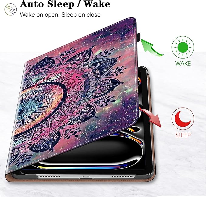 Case for iPad Pro 13 inch (M5/M4) 2025/2024, Premium Leather Folio Stand Protectors Cover with Auto Wake/Sleep, Pencil Holder, Hand Strap and Card Slots - Mandala
