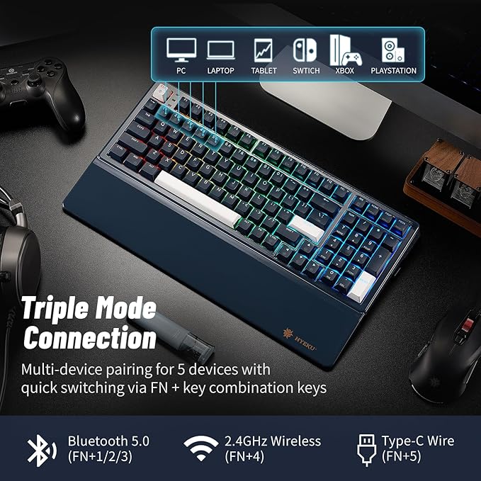 Hexgears Wireless Mechanical Keyboard with Number Pad,Wrist Rest,Gasket Structure,Tri-Mode BT5.0/USB-C/2.4GHz Hot Swappable Keyboard,Creamy Sound,RGB Backlit,Computer Gaming Keyboards(Clicky Switch)