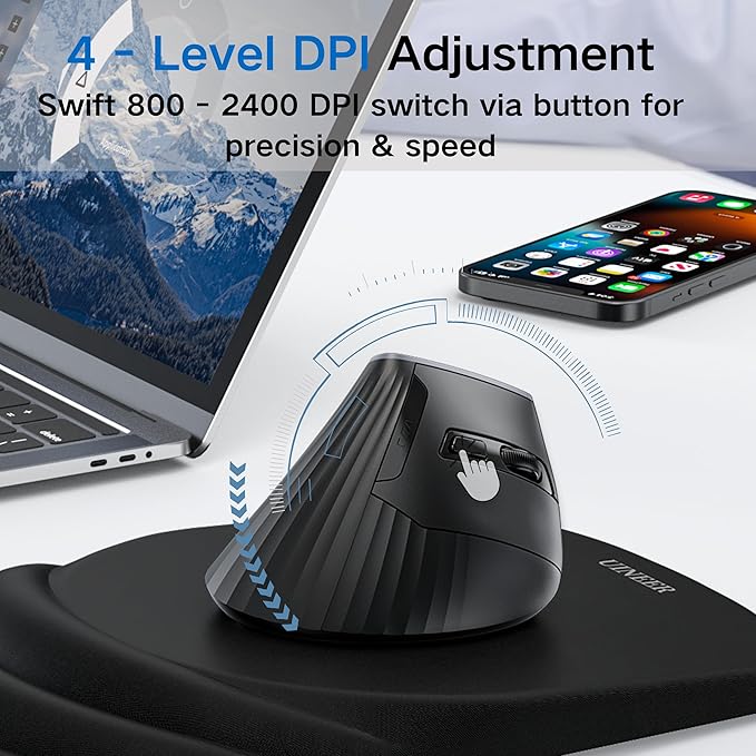 Uineer Vertical Ergonomic Mouse – Tri-Mode Wireless Bluetooth 5.0/4.0 & 2.4GHz USB Receiver, Battery-Powered, Connects to 3 Devices, 4 DPI Optical Mice for PC, Laptop, Compatible with Windows, Mac