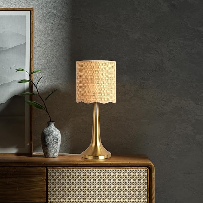 Ziqqeelam Gold Rattan Table Lamp for Bedroom, Brass Cute Wicker Lamps for Bedside Nightstand, Small Table Shape Lamps for Small Spaces for Kitchen Counter, Home Office, Living Room, Kids Dorm