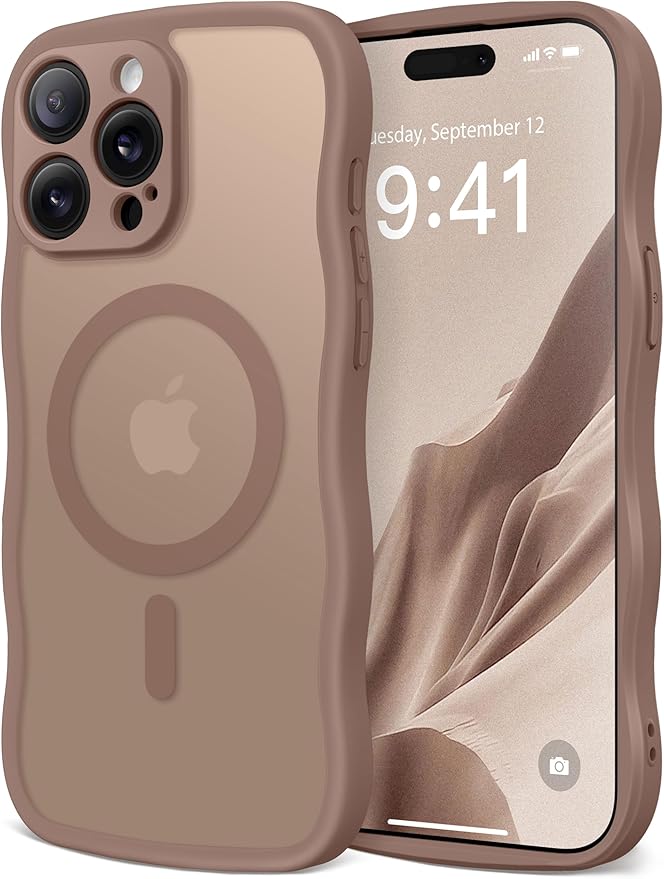 CAPRARO Cute for iPhone 14 Pro Case, Compatible with MagSafe, [Curly Wave Edge] [Full Camera Protection] [14 FT Drop Protection] Magnetic Phone Case for 14 Pro 6.1 Inch, Brown