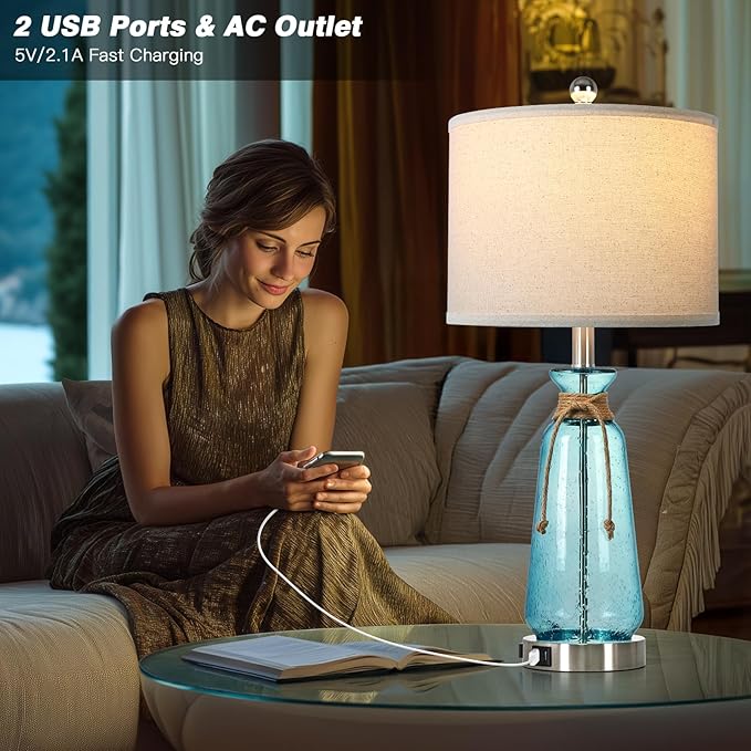 Rinweey 26" Coastal Lamps for Living Room Set of 2,3-Way Dimmable Bedside Lamps with USB Ports and AC Outlet, Nautical Lamps for Nightstand Bedroom Living Room,Teal