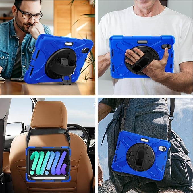 Gerutek Case for iPad mini 7 (A17 Pro) 2024/Mini 6 2021 8.3 inch, Shockproof Cover for iPad mini 7/6th Generation with Screen Protector, 360° Rotating Stand, Hand/Shoulder Strap, Pencil Holder-Blue