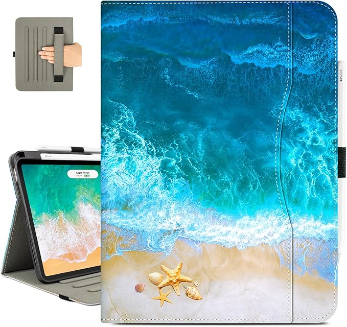 Vimorco for iPad Pro 13 Inch Case M5/M4 2025/2024, for iPad Pro 13 Case for Girls Women, Pencil Holder/Hand Strap/Pocket/Screen Protection Band, 3 Adjustable Angles for iPad 13 Pro Cover, Ocean Beach