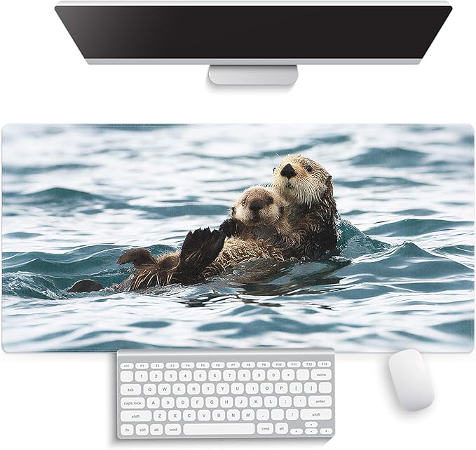 Large Gaming Mouse Pad (31.5" x 15.8") - Cute Sea Otters Nature Animal Playing Water Funny Scene, Extra XXL Extended Office Accessories, Premium Stitched Anti-Slip Desk Mat